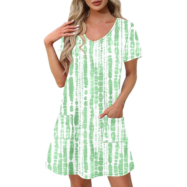 Vestido Corto de Verano Moda Gradiente Corto de Manga en V Cuello Vestido Casual, Poliéster Ligero de Verano, Lavado de Manos
