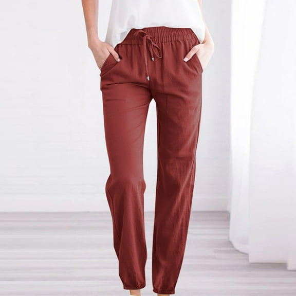 AOOCHASLIY Womens Pants Summer Plus Size Casual Cotton and Linen Solid Drawstring Elastic Waist Long Straight Pants