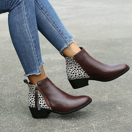 

Halloween Gift Hvyes Women s Wild Pointed Toe Leopard Print Splicing Retro Zipper Square Heel Shoes