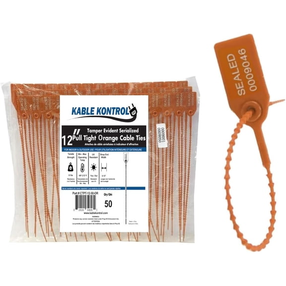 Pull Tight Cable Zip Tie Seals - Numbered / Serialized Tamper Evident - 12" Long - 50 Lbs Strength - 50 Pcs - Orange