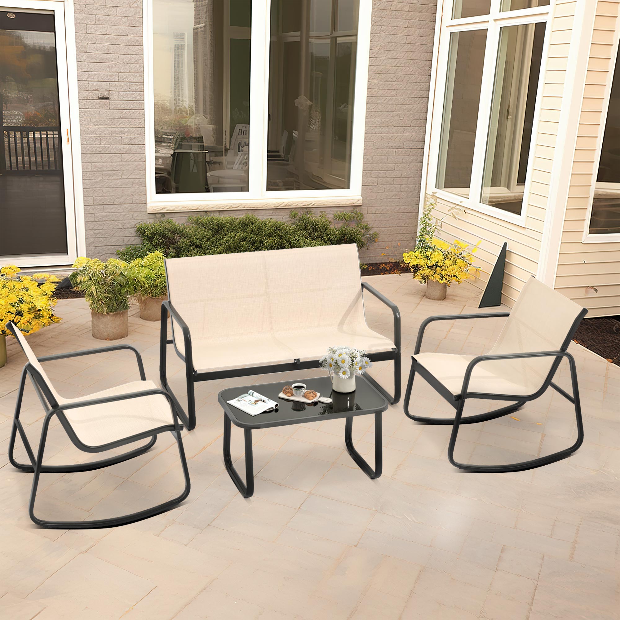 Uforic 4 Pieces Outdoor Furniture Set,Patio Textilene Steel Conversation Set with Loveseat Chair,Rocking Chair Set of 2 and Tea Table - Brown