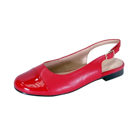 PEERAGE Kennedy Women Wide Width Adjustable Slingback Casual Leather Flat with Patent PU Round Toe Cap RED