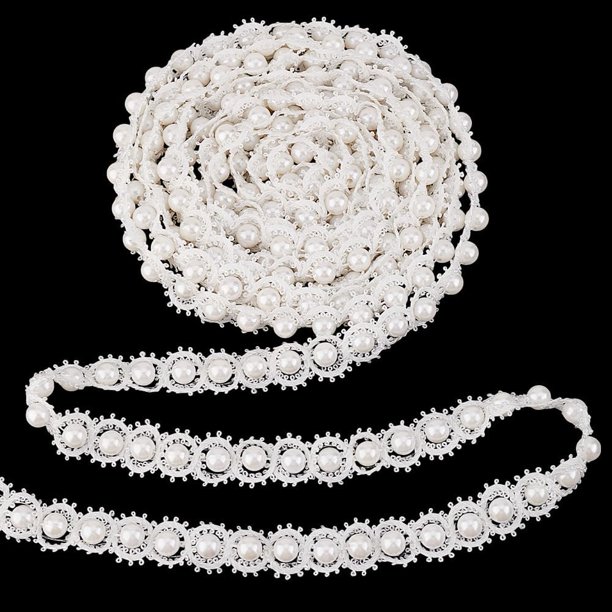 4 yardas de cinta de encaje con perlas, aplique de flecos de perlas blancas de 7/8 de pulgada, adorno de encaje de perlas, adorno de flecos de tela, adorno de trenza de cordón