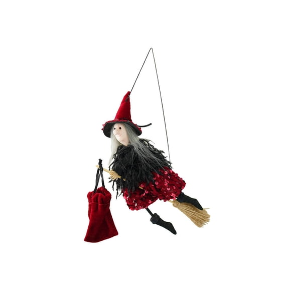 Flying Witch Halloween Decor 10 Inch Red Sequin Hanging Ornament Witch Broom Decor Hanging Halloween Decoration for Indoor Outdoor Home Party Porch 1 Pack