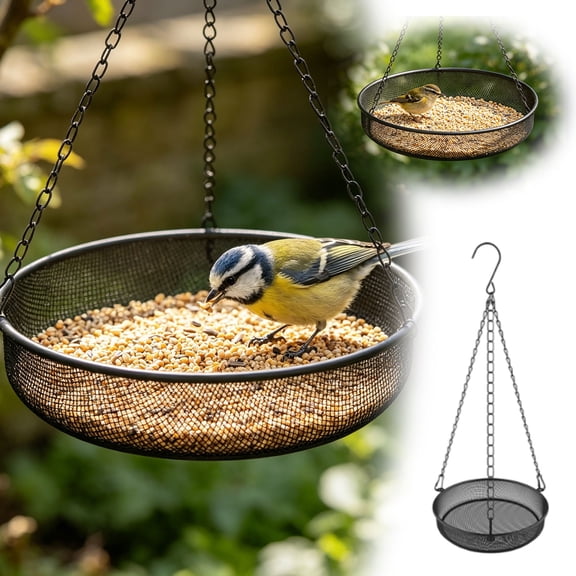 Hanging Bird Feeder Tray, Outdoor Metal Mesh Feeder For Garden, Balcony & Patio, Durable Wild Bird Feeding Station With Chain,Black - 42X17Cm
