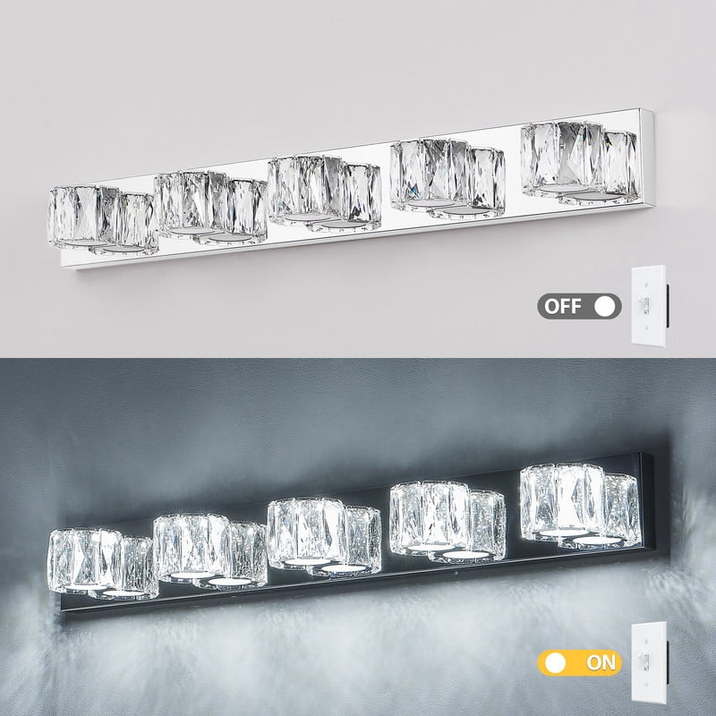 35" Modern 5-Light LED Crystal Bathroom Vanity Light, Chrome Wall Sconce with Clear Crystal Shades, Bathroom Lighting Fixtures Over Mirror for Vanity, Bedroom, Hallway