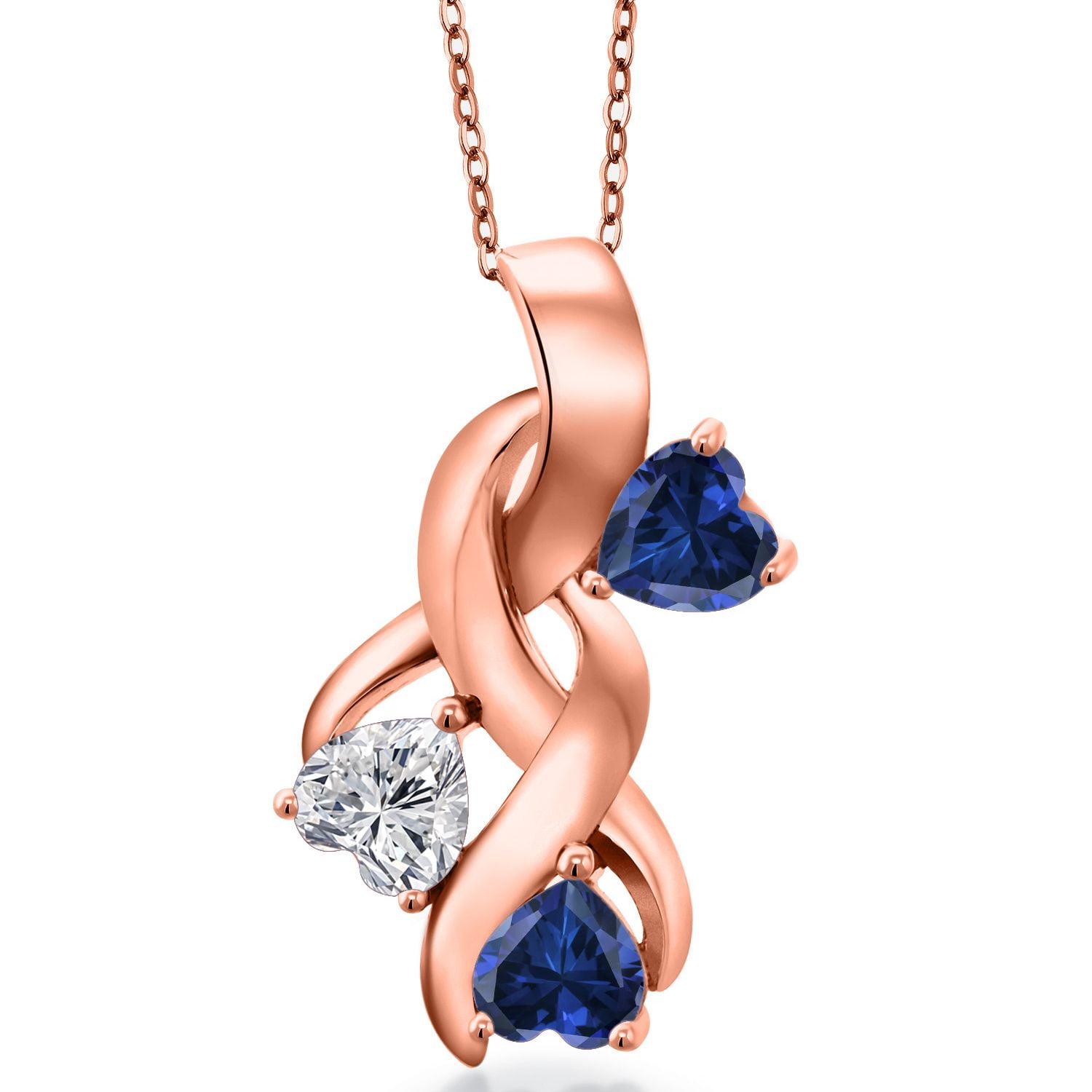 Gem Stone King 18K Rose Gold Plated Silver Lab Grown Diamond and Blue Created Sapphire Pendant Necklace for Women | 1.44 Cttw | Gemstone April Birthstone | Heart Shape 5MM | With 18 inch Chain
