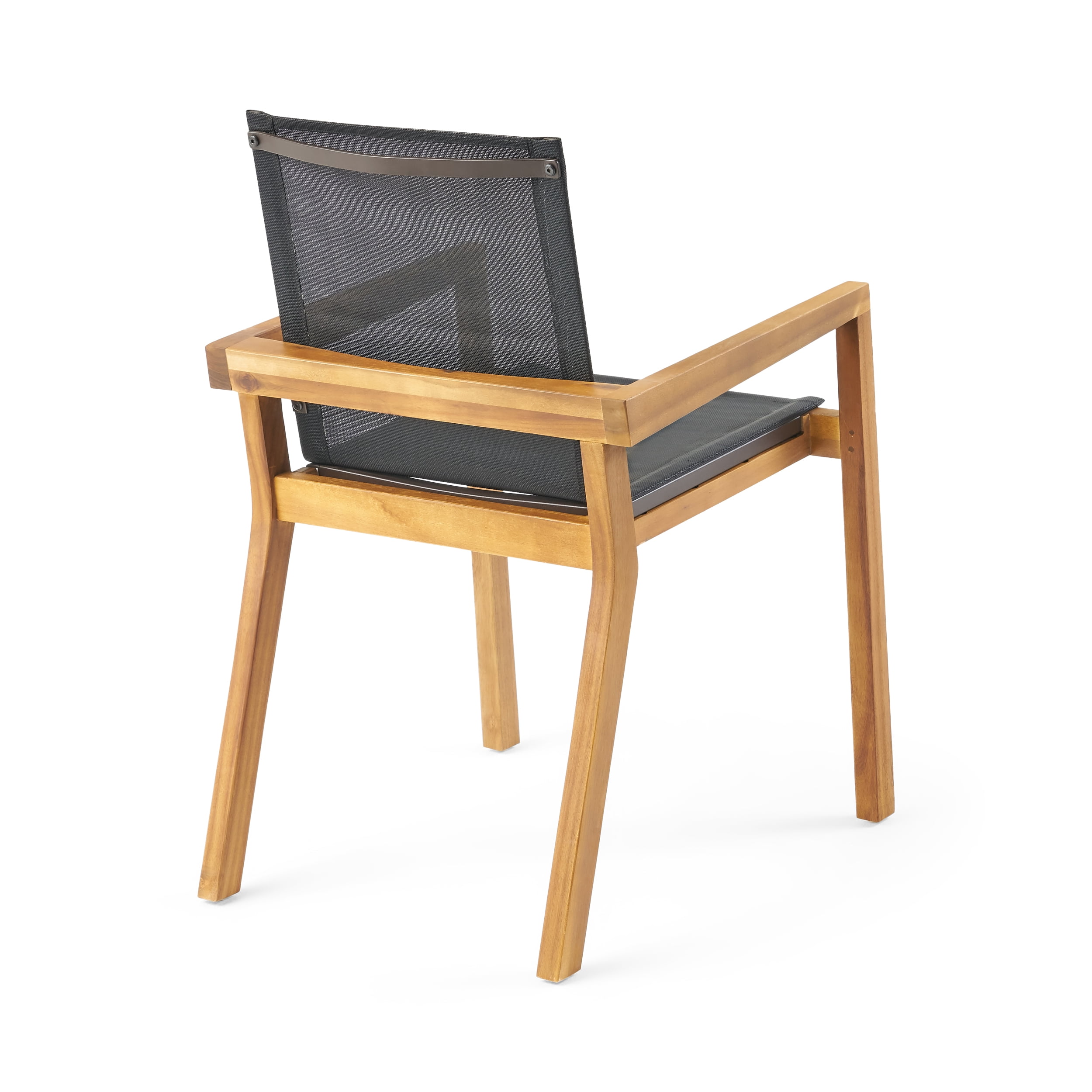 Outdoor Dining Chairs, Patio Chairs Set of 2, Acacia Wood Frame and Black Mesh Seating with Armrests, Durable Furniture for Outdoor Dining or Lounge Area in Teak Finish
