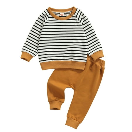 

Sunisery Newborn Baby Boys 2Pcs Clothes Sets Striped Printed Long Sleeve Pullover Sweatshirt Tops Pants Brown Stripe 6-12 Months