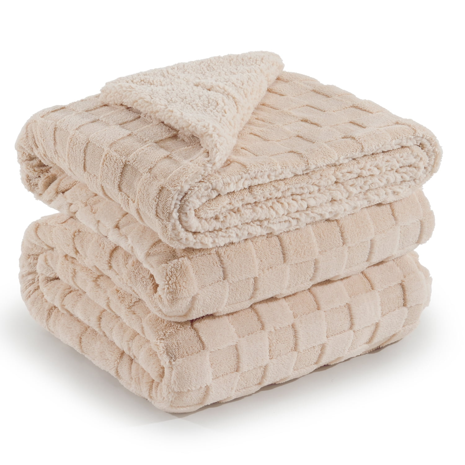 Anjee 90" x 90" Khaki Queen Size Super Soft Cozy Fluffy Sherpa Fleece Reversible Thick 3D Checkered Jacquard Decorative Throw Blankets