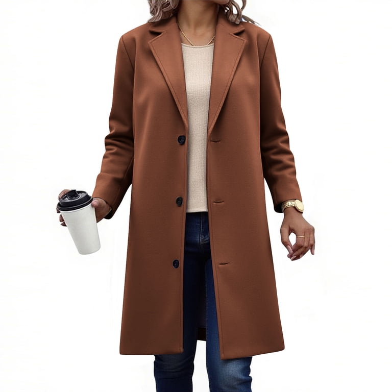 Brnmxoke Long Winter Dress Coats for Women Button Down Notched Lapel Wool  Peacoats Warm Fall Dressy Long Sleeve Office Outerwear Trench Coats with  Pockets Brown,S - Walmart.com