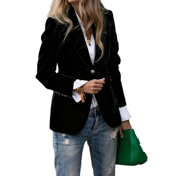 Women'S Velvet Blazer Single Button, Elegant Faux Pocket Office Coat Lapel for Work Formal Black XL