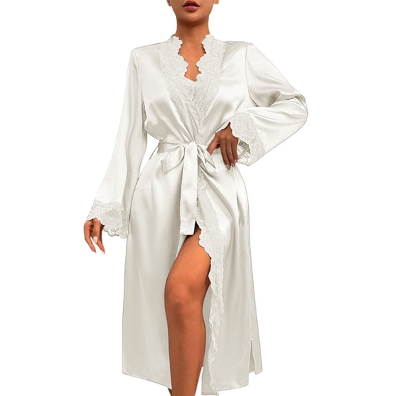 Arlun Women's Satin Robes Long Sleeve Open Front Floral Lace Trim Belted Bride Wedding Party Bathrobes Lightweight Breathable Soft Comfy Valentine's Day Sleepwear Robe White XL