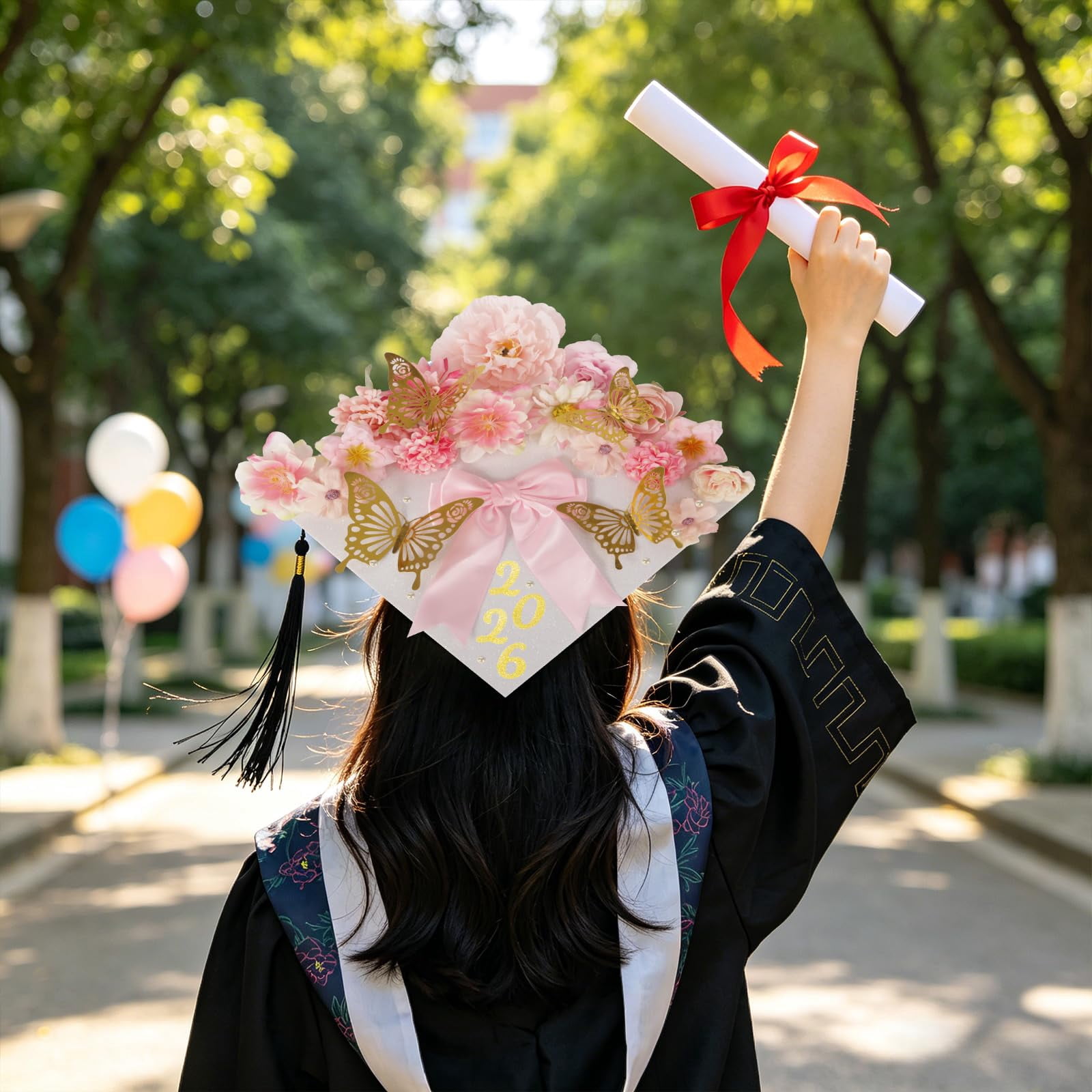 Graduation Cap Decoration Kit with Faux Flowers, 3D Butterflies and Adhesive Dots for Party