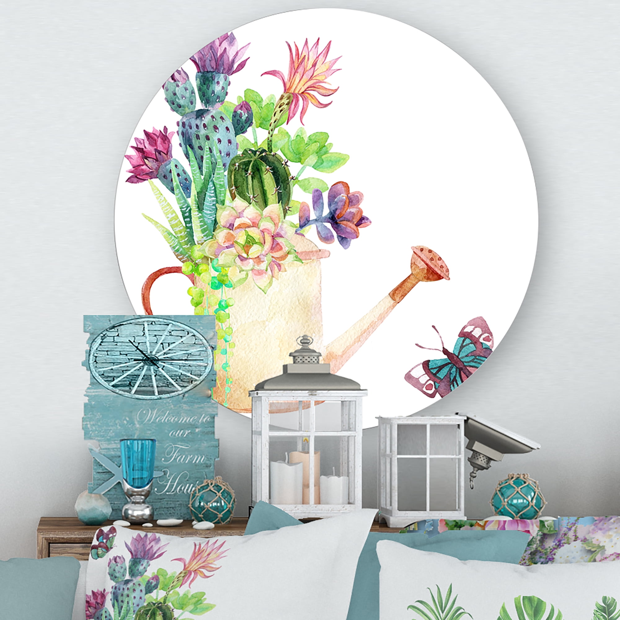 Designart 'Succulents In Old Watering Can With Butterfly' Farmhouse Circle Metal Wall Art 11x11 - Disc of 11