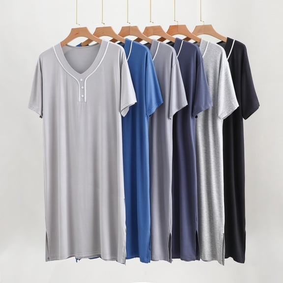 Miluxas Men's Modal Short Sleeve Nightshirt, V-Neck Button Detail Sleep Shirt, Ultra-Soft Loungewear Nightgown with Side Slits for Men Gray XL(XL)