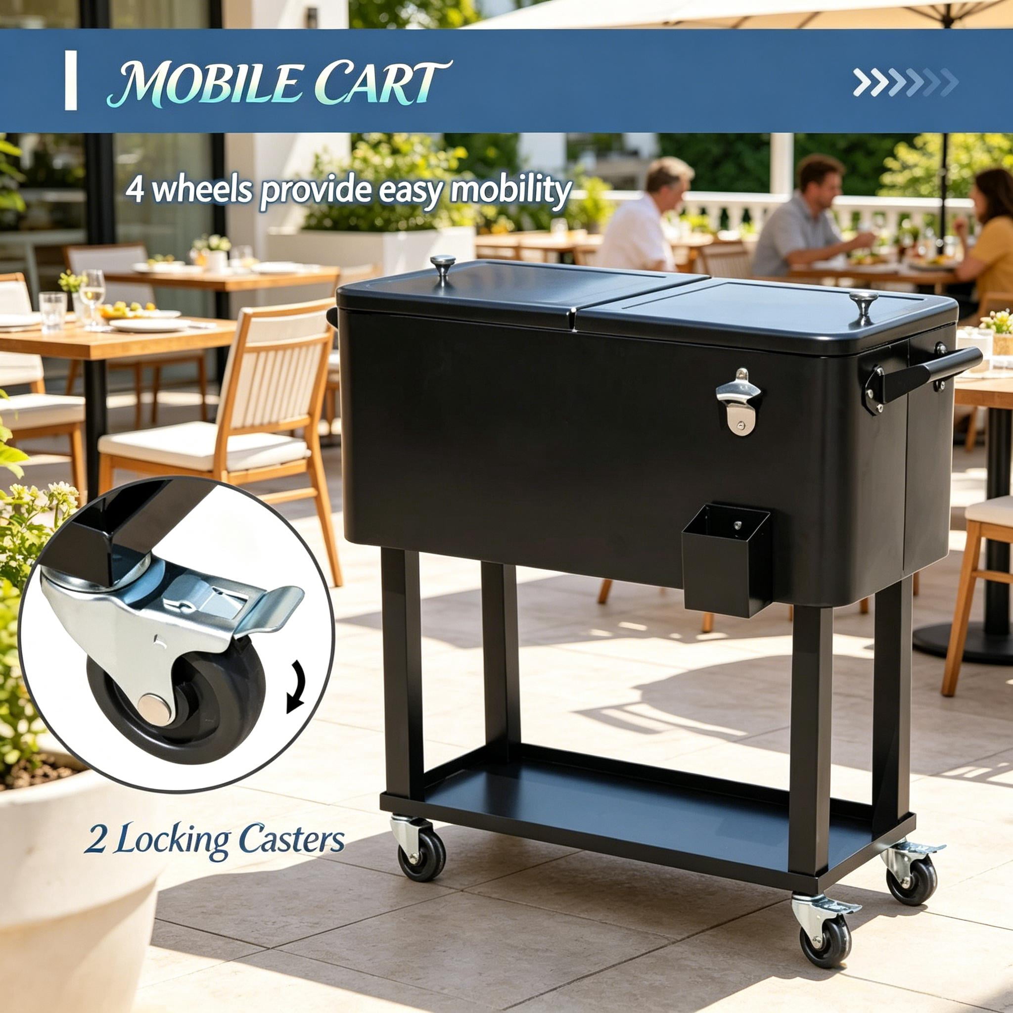 80 Quart 20 Gallon Rolling Outdoor Patio Cooler Cart, Beverage Ice Chest with Lockable Wheels, Built-in Bottle Opener & Drain Plug with Bottom Storage Shelf for Backyard Pool BBQ Party