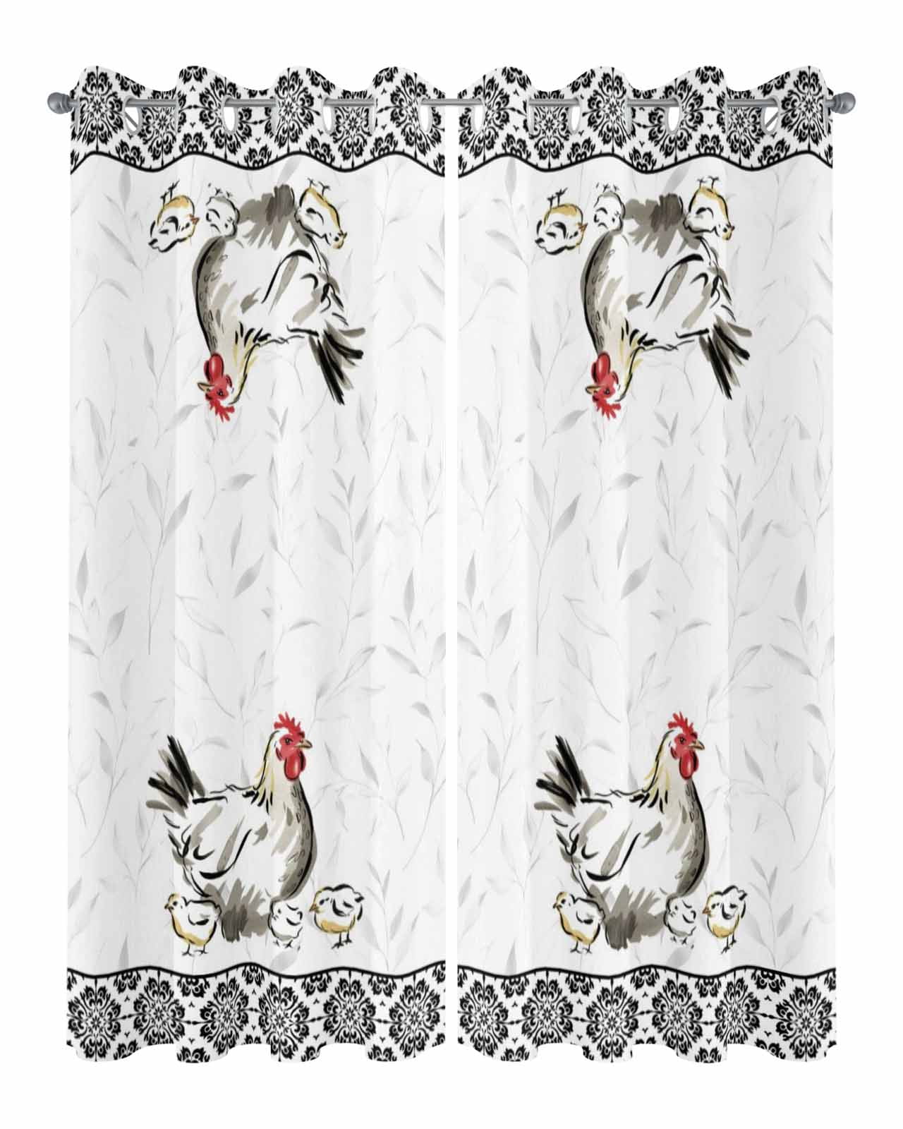 Chicken Outdoor Curtains for Patio, Farmhouse Country Animal Black Flower Leaf Privacy Drapes Grommet Waterproof Outside Curtains for Porch/Cabana/Balcony 54"x 95", 2 Panel