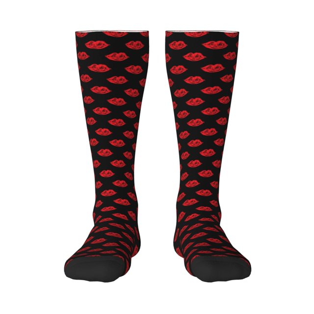 Xecao Red Beautiful Lips Pattern Adult Stockings with Color-Block Design and 3D Print, Breathable Comfortable Hosiery for Daily Wear and Sports