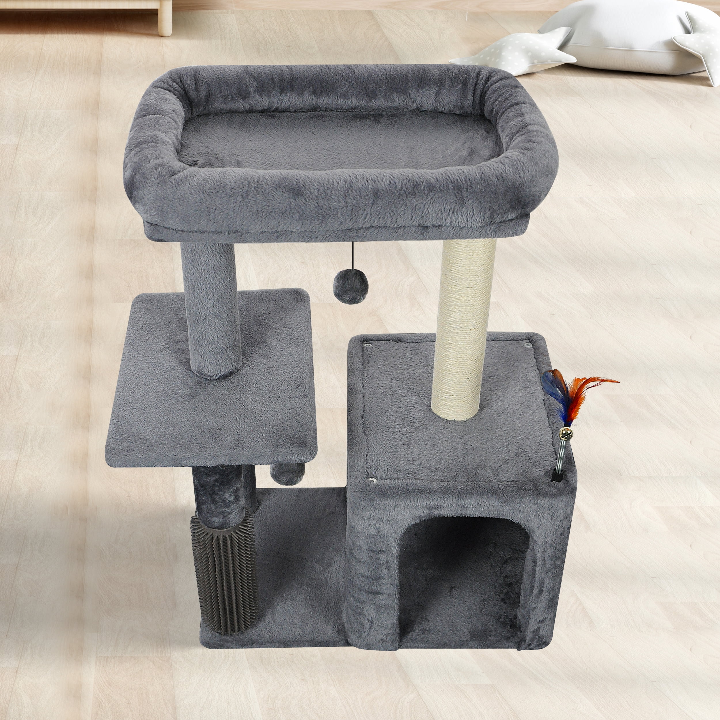 WK 31.50" Cat Tree for Indoor Cats with Cat Condo and Scratching Post,Cute Cat Tower with Self-Grooming Brush and Toy Balls,Grey