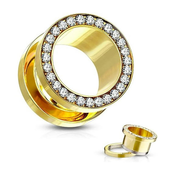 Double Flared Gold Screw Fit Plug Ear Tunnel  CZ 6 to 1" Gauge - Pair