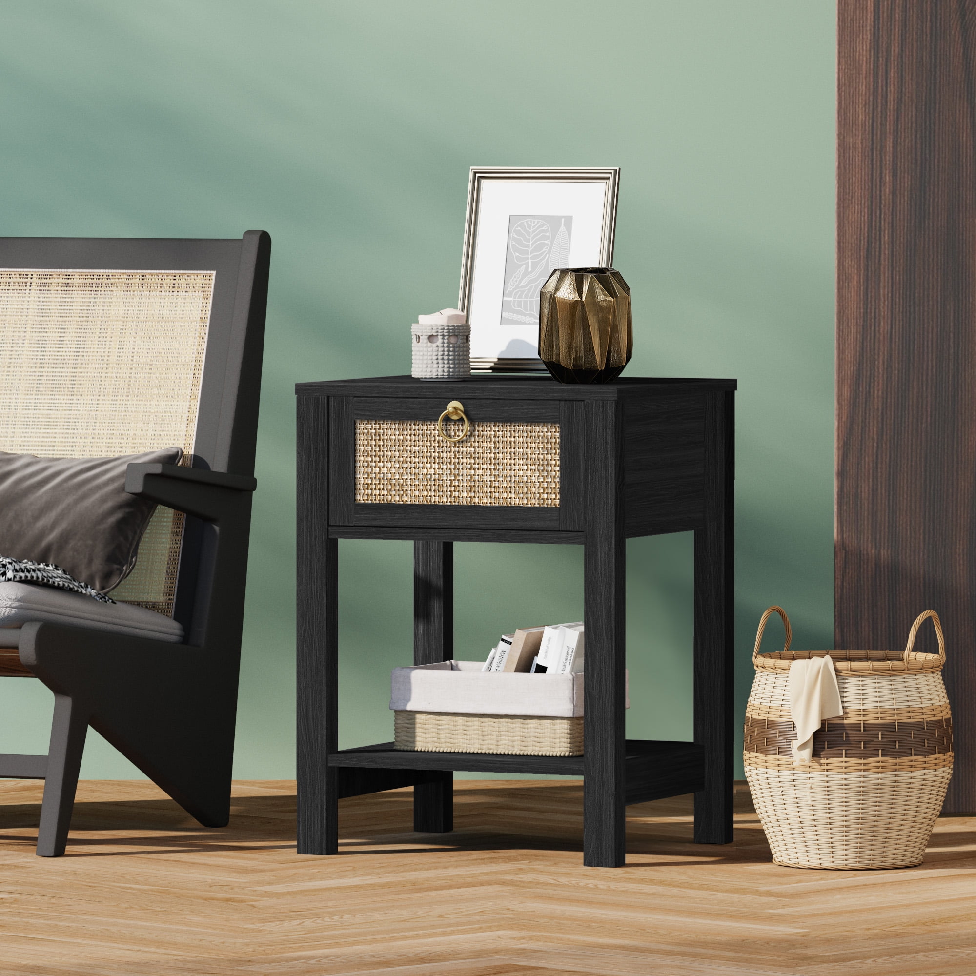 SICOTAS Rattan Nightstands Set of 2, Black Farmhouse Boho End Side Table with Drawers, Engineered Wood Accent Bedside Table for Bedroom, Living Room