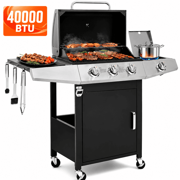 Syngar 3 Burner Propane Gas Grill with Side Burner, Bbq Gas Grill with Wheels, 40,000 Btu, 338 Sq. in. Cooking Area, Stainless Steel, Porcelain Grates