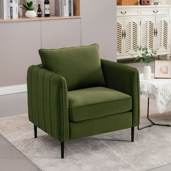Velvet Accent Chair for Living Room – Mid-Century Modern Armchair with 1 Pillow & Metal Legs, Comfy Single Sofa Chair for Bedroom, Office, Reading Nook, Green