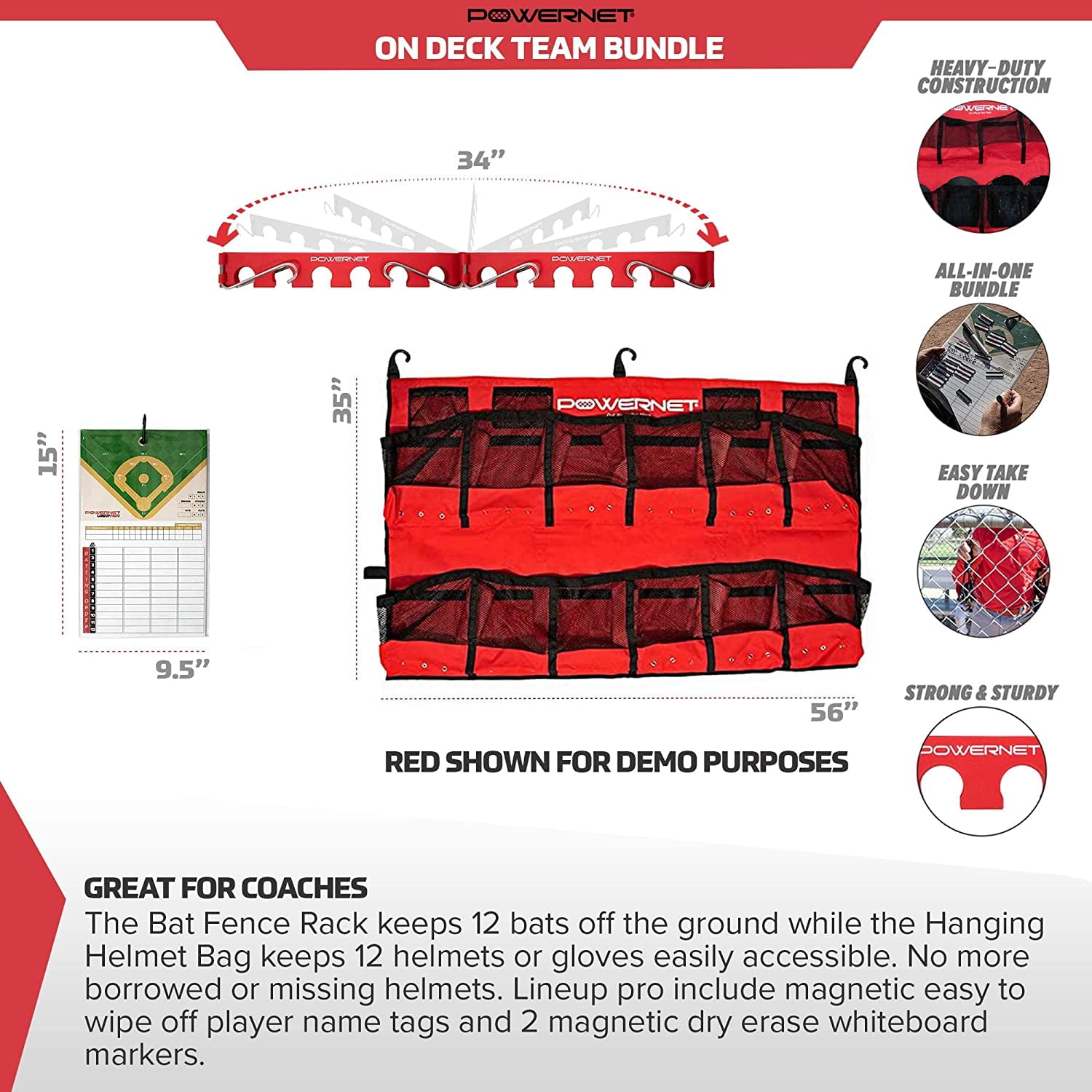 Powernet On Deck Team Bundle, Dugout Organizer for Baseball & Softball, Team Equipment Organizer, Hanging Baseball Glove & Helmet Holder, Fence Bat Rack, Dry Erase Magnetic Lineup Board