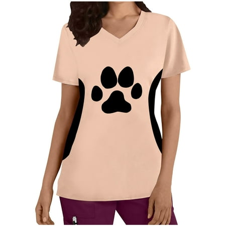 

Odeerbi Easter Scrub Tops for Women Fashion Solid V-Neck Short Sleeve T-Shirt Printing Loose Blouse Pink
