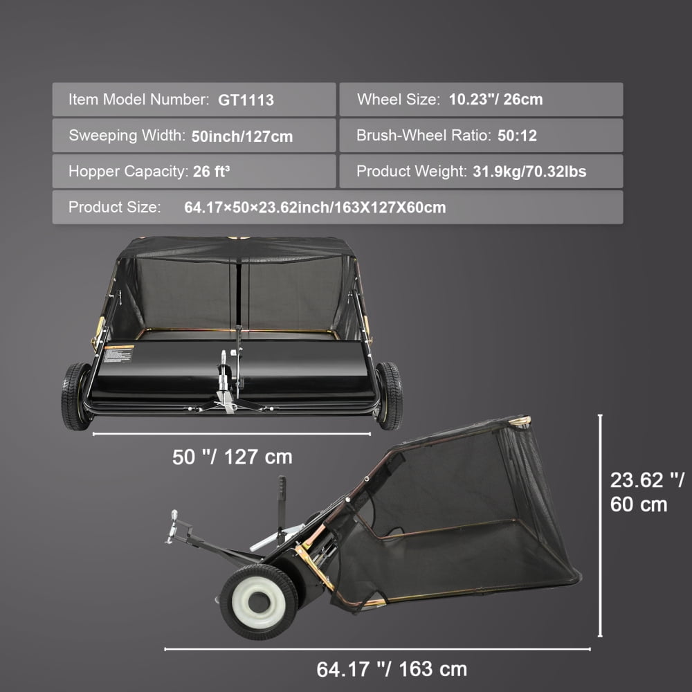 NOBOLEA 50" Tow-Behind Lawn Sweeper, 26 Cu Ft Large Capacity Leaf & Grass Collector with Foldable Design, Adjustable Height Yard Sweeper for Tractor Attachment