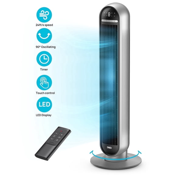 DREO Tower Fan, 36" Floor Fans for Home, 24Ft/S Velocity Quiet, 90° Oscillating Fans with Remote, 4 Modes, 4 Speeds, 8H Timer, LED Display Standing Fan, Black Silver