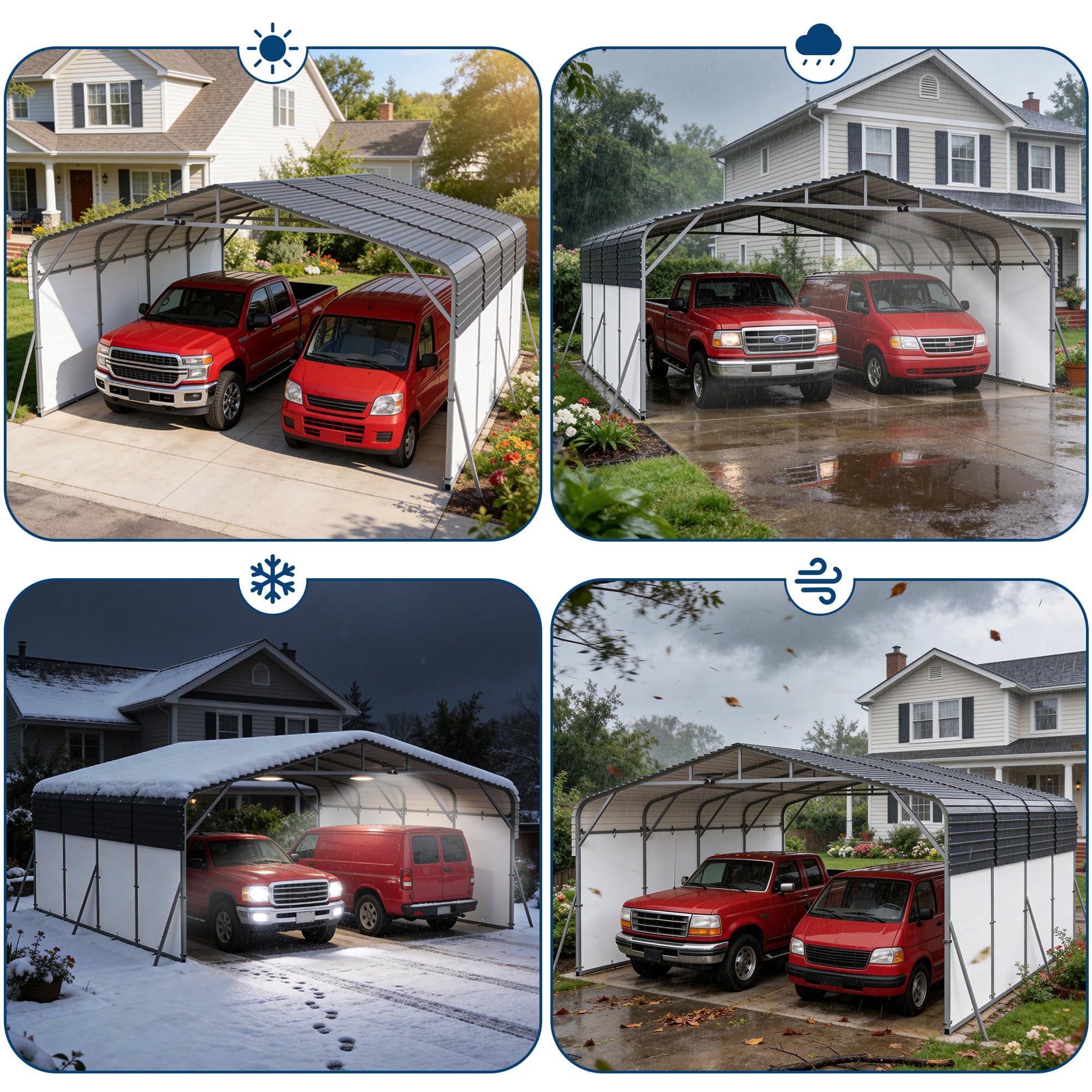 20x20FT Metal Carport w/Led Light,Outdoor Portable Car Garage,Removable PE Sidewalls,Reinforced Base & Galvanized Steel Roof, Outdoor Car Port Canopy Shelter for Boats, Full-Sized Pickup Trucks