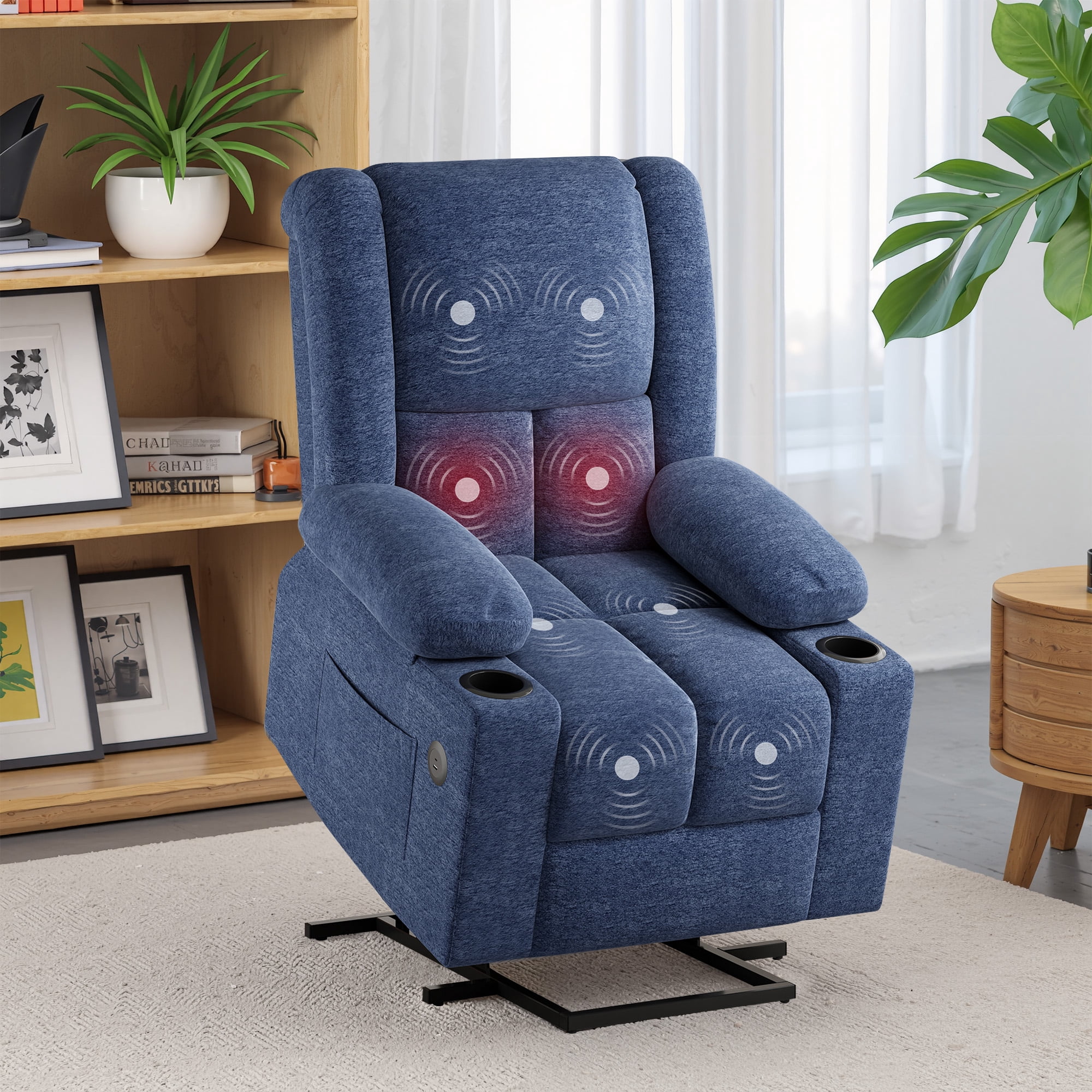 MAYEERTY Blue Power Lift Recliner Chair with Massage, Heat, USB Ports, and Cup Holders for Senior Comfort