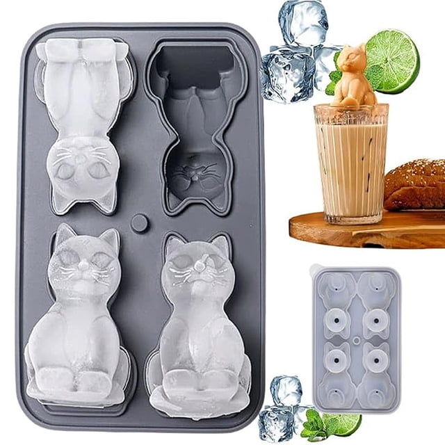 Molde de Hielo 3D con Forma de Gato Lindo de Silicona Flexible Libre de BPA para Whisky Cócteles y Regalos Originales