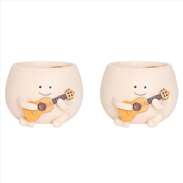 2X Maceta con Cara Sonriente y Orificio de Drenaje, Resina para Cuerdas de Plantas, Macetas Suculentas de Guitarra Únicas para Interiores