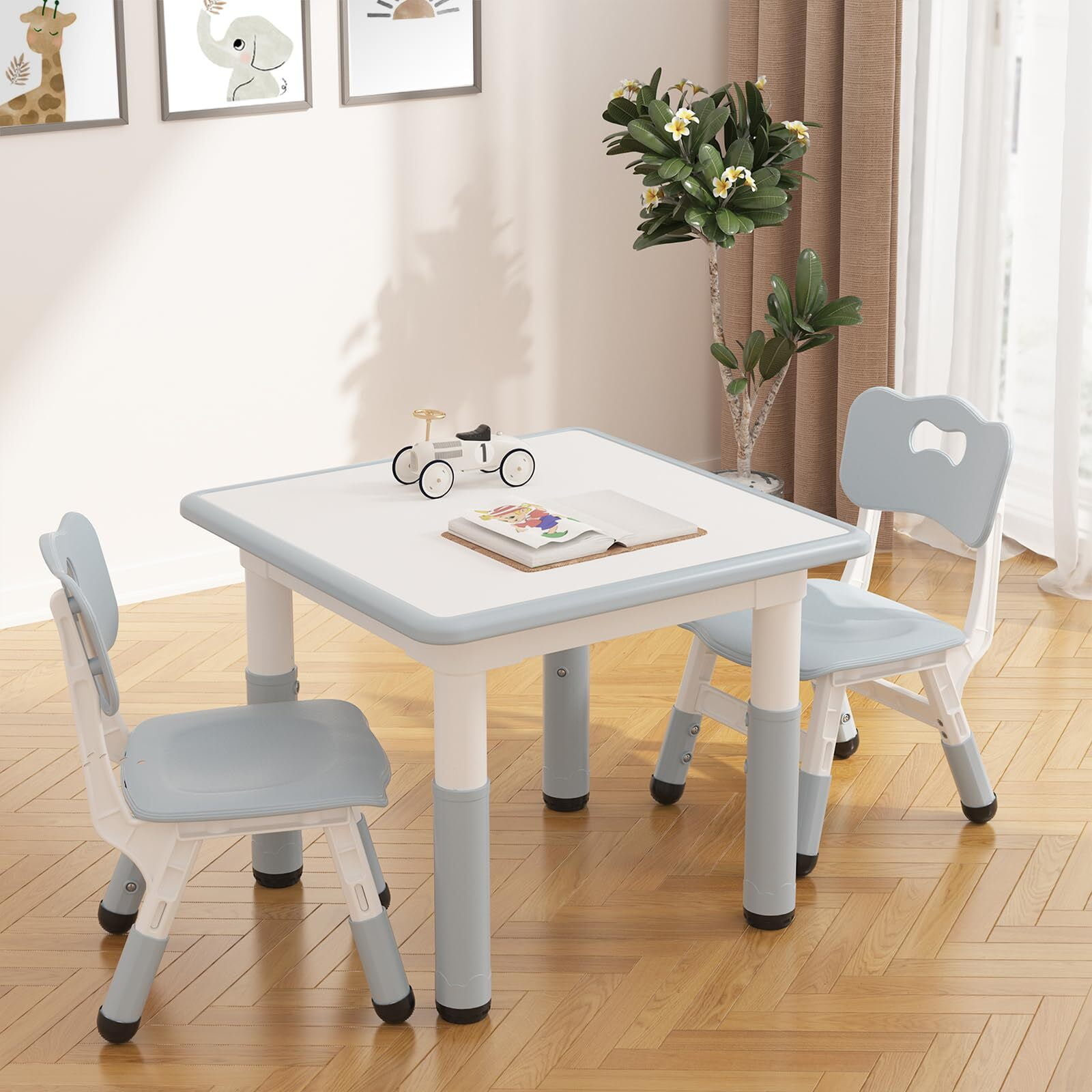 Kids Table and 2 Chairs Set with Graffiti Desktop, Height Adjustable Toddler Table and Chairs Set for Reading, Drawing, Playing, Eating