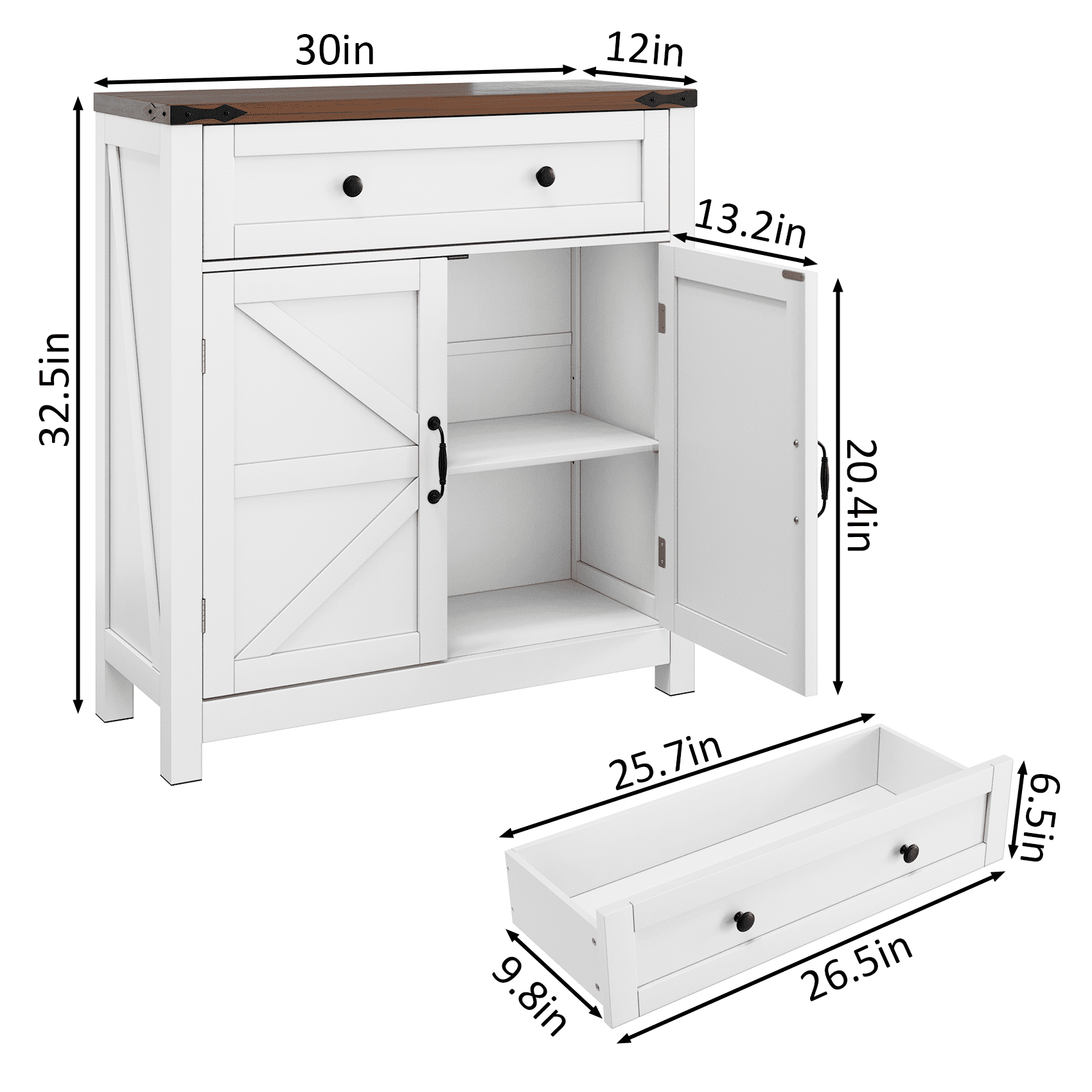 Leumius 30" W Kitchen Sideboard Storage Cabinet with Drawer & Adjustable Shelf,White Coffee Bar Console with Walnut Countertop for Kitchen, Dining Room, Entryway