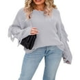 thumbnail image 3 of Women Plus Size Sweater  Casual Solid Color Long Sleeve  Neck Fringe Knit Pullover, 3 of 6