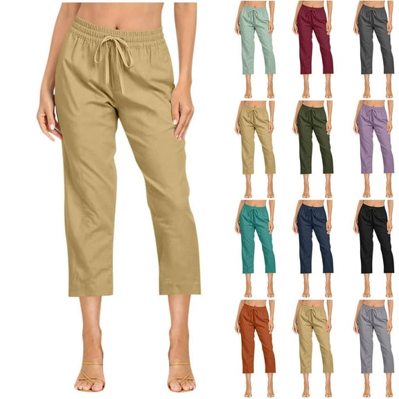 ZVAVZ Capri Pants for Women 2025 Petite Cotton Linen Cropped Pant with Pockets Drawstring Elastic Waist Straight Leg Pants Summer Beach Travel Vacation Capris Army Green,L