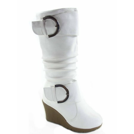 

Pure-65 Women s Fashion Round Toe Slouch Large Buckle Wedge Mid Calf Boot Shoes ( White 7.5 )