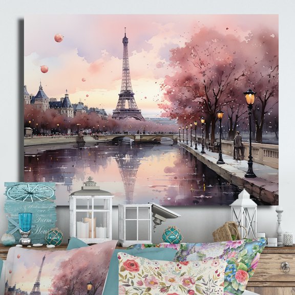 Designart "Twilight Rendezvous in Paris Pink Romance II" City Paris Metal Wall Decor