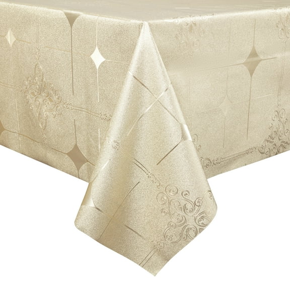 Beige Embossed Vinyl Tablecloth, 100% Waterproof Heavy Duty Oil Spill Proof Stain Resistant Plastic Table Cover with Flannel Backing for Kitchen