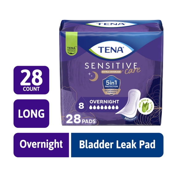 Tena Incontinence Pads, Bladder Control & Postpartum for Women, Overnight Absorbency, Sensitive Care, 28 Count