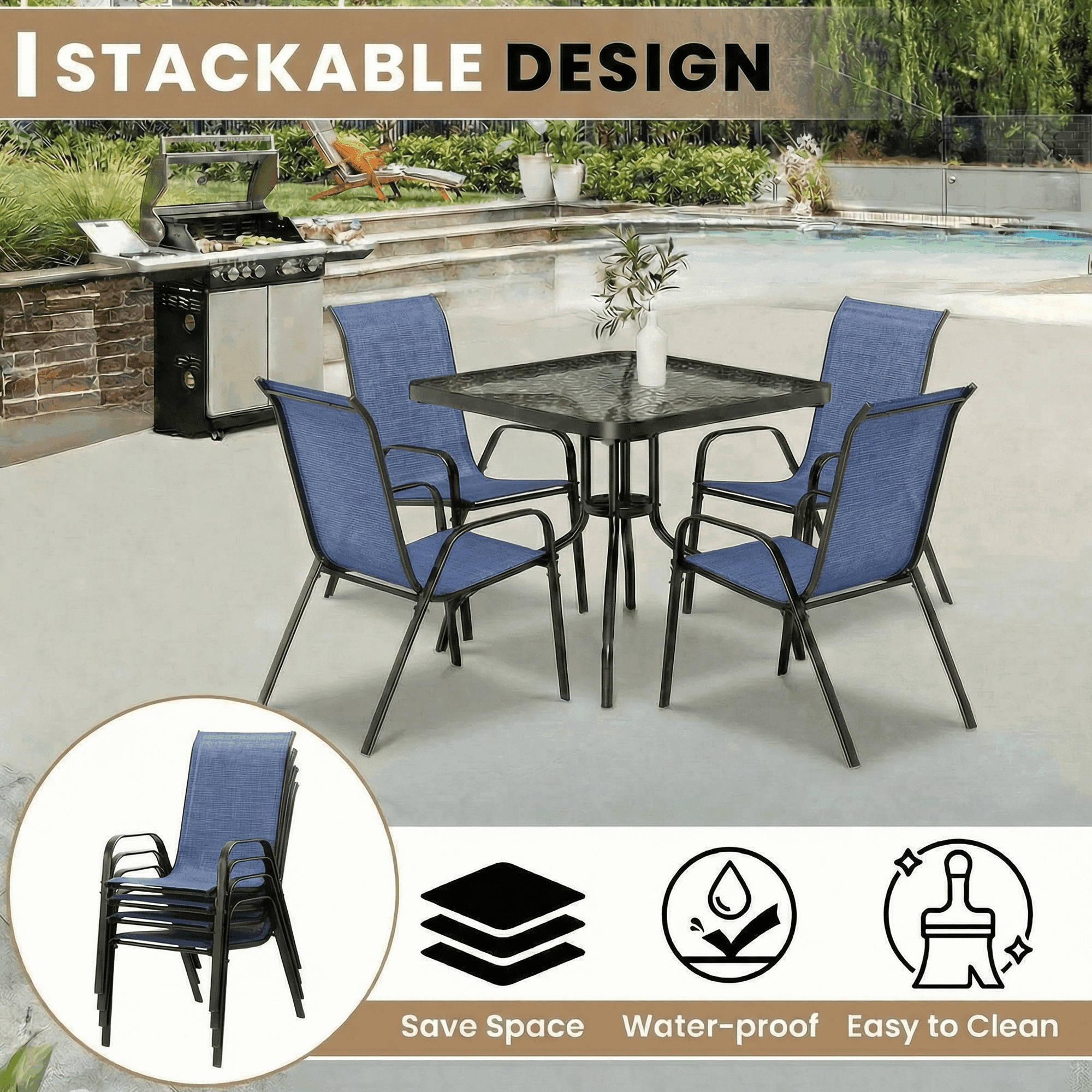 Pirecart Outdoor Table Furniture Set Patio Dining Table Set with 4 Stackable Textilene Chairs, Dark Blue