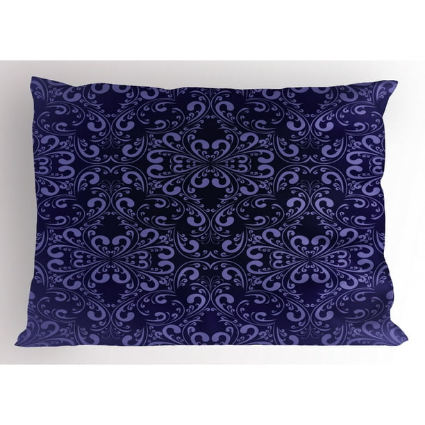Navy Blue Pillow Sham Floral Timeless Renaissance Themed Romantic Royal Victorian Style Pattern