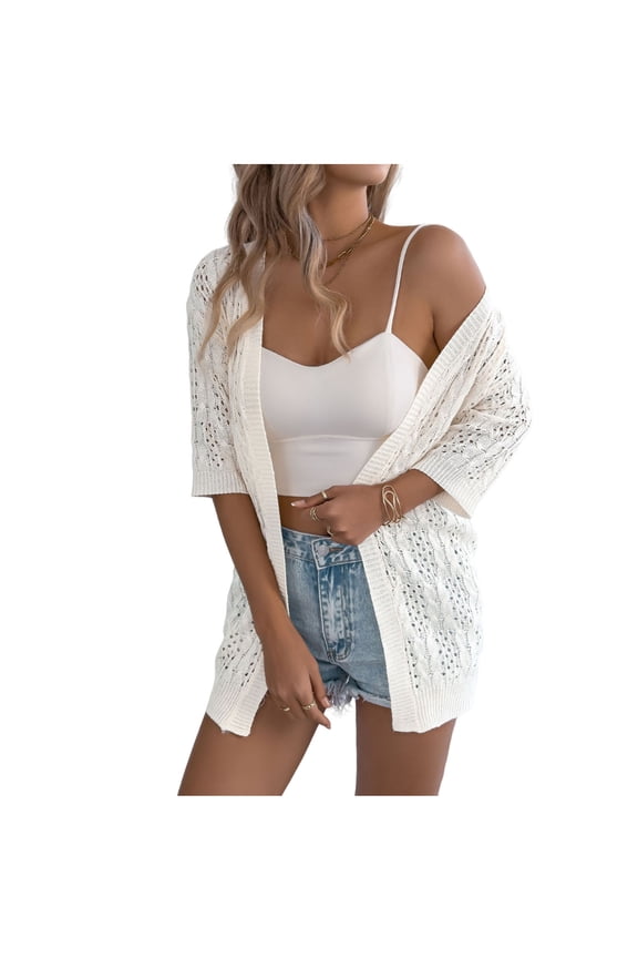 Women's Crochet Knit Cardigan Sweaters Mid Sleeve Open Front Kimonos Boho Cardigans Tops Lightweight Vacation Summer Tops Coat White L
