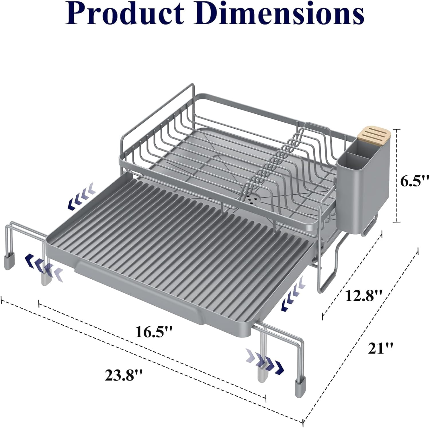 Extendable Dish Drying Rack - Adjustable Length 12.8"–21.0", Auto-Draining Dish Rack for Kitchen Counter, Rust-Resistant Metal Frame Over-Sink Support for Plates, Bowls & Utensils, Grey