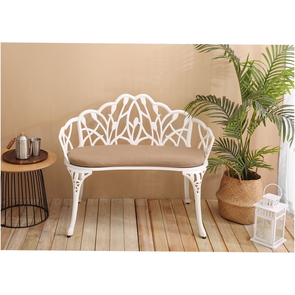 JERFIT White Cast Aluminum Garden Bench with Floral Backrest, Outdoor Patio Furniture for Lawn, Yard, Park Decor