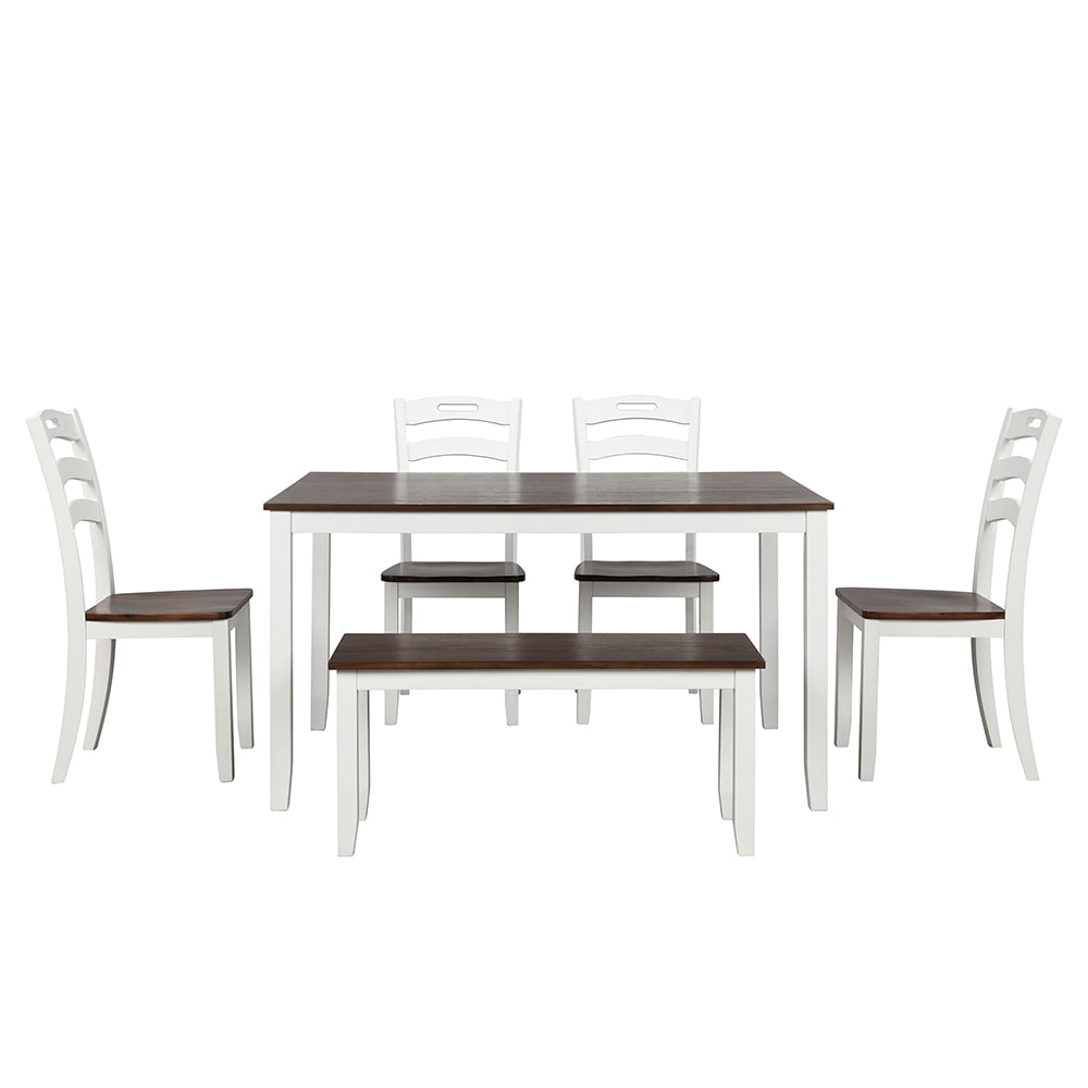 Lowestbest 6-Piece Dining Table Sets, Classic Style Rectangular Table & 4 Chairs & a Bench with Waterproof Coat, Ivory and Cherry Lowestbest 6-Piece Dining Table Sets, Classic Style Rectangular Table & 4 Chairs & a Bench with Waterproof Coat, Ivory and Cherry